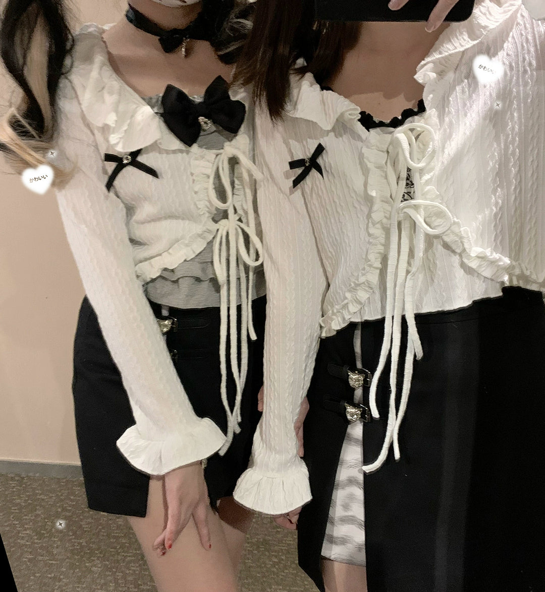 Kawaii Pink White Bow Lace Up Cardigan 21794:318676