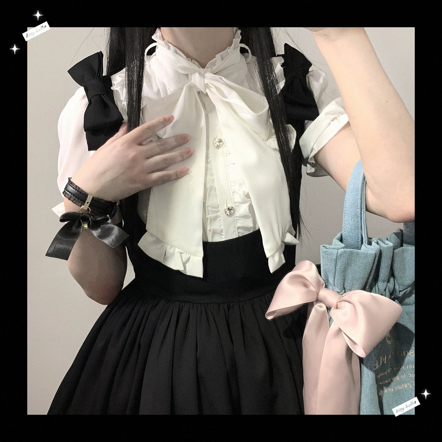 Jirai Kei Blouse Sweet Lace Butterfly Tie Shirt Short Sleeve Top (Preorder / White) 35382:522504