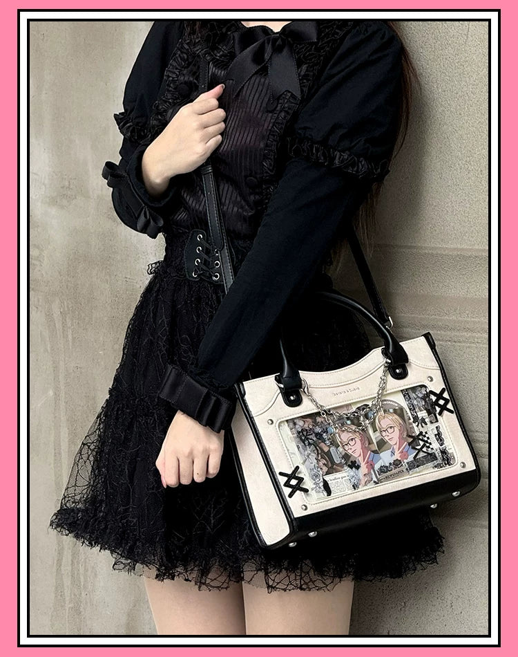 Y2K Square Shaped Ita Bag, Clear Window & Star Chain 45418:848159