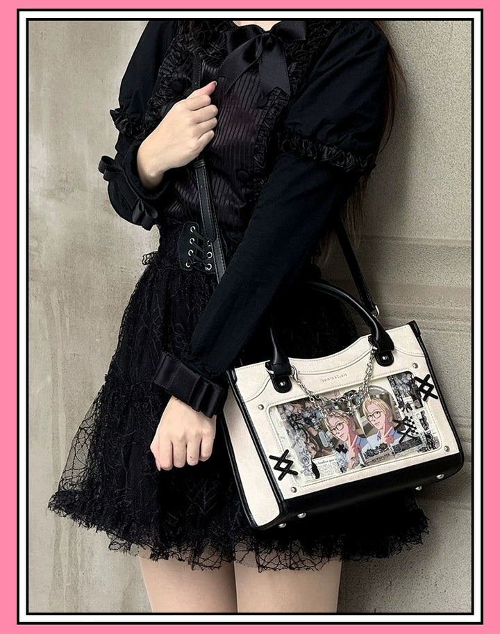 Y2K Square Shaped Ita Bag, Clear Window & Star Chain 45418:848159