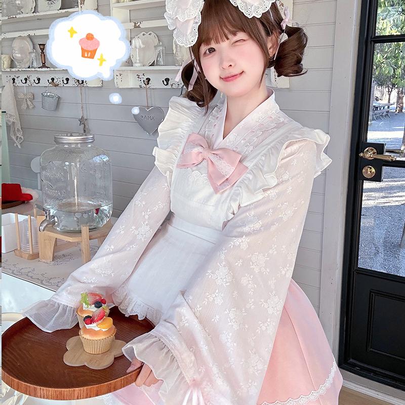 Kawaii Outfit White Maid Blouse And Pink Skirt With Apron 42283:734788