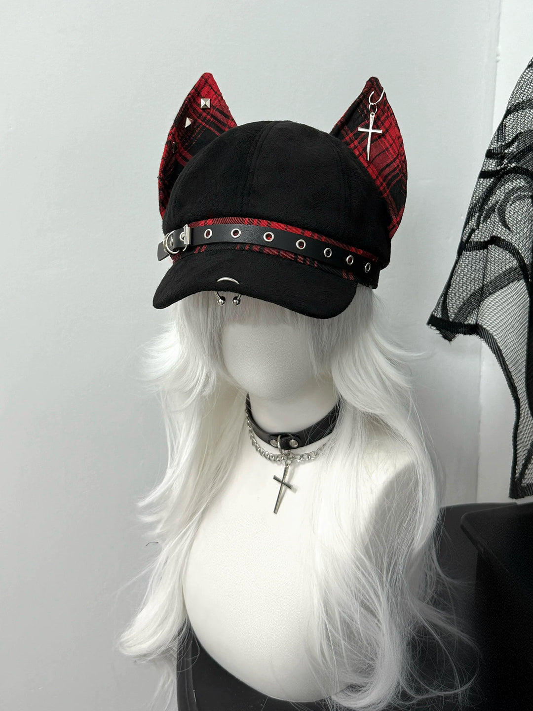 Punk Plaid Hat with Doberman Ears, Back Adjustable Strap 45431:849926