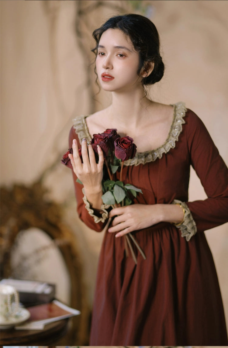 Mori Kei Dress Classical Oil Painting Dress Rust Red Dress 36348:544686