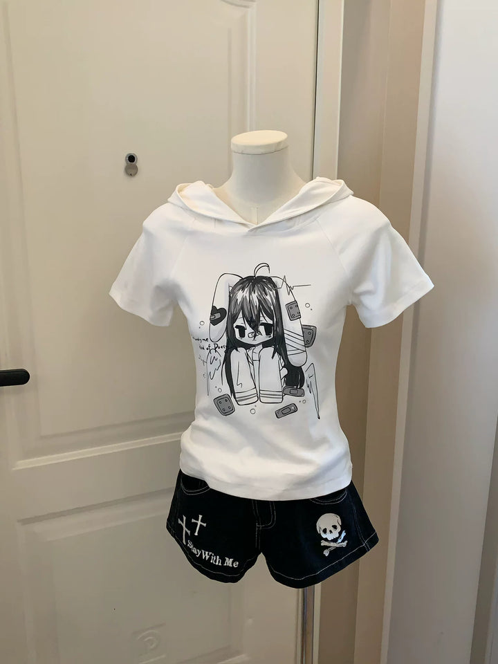 Kawaii Short Sleeve T-shirt, Bunny Ear Hooded Design (L M S) 45642:856623