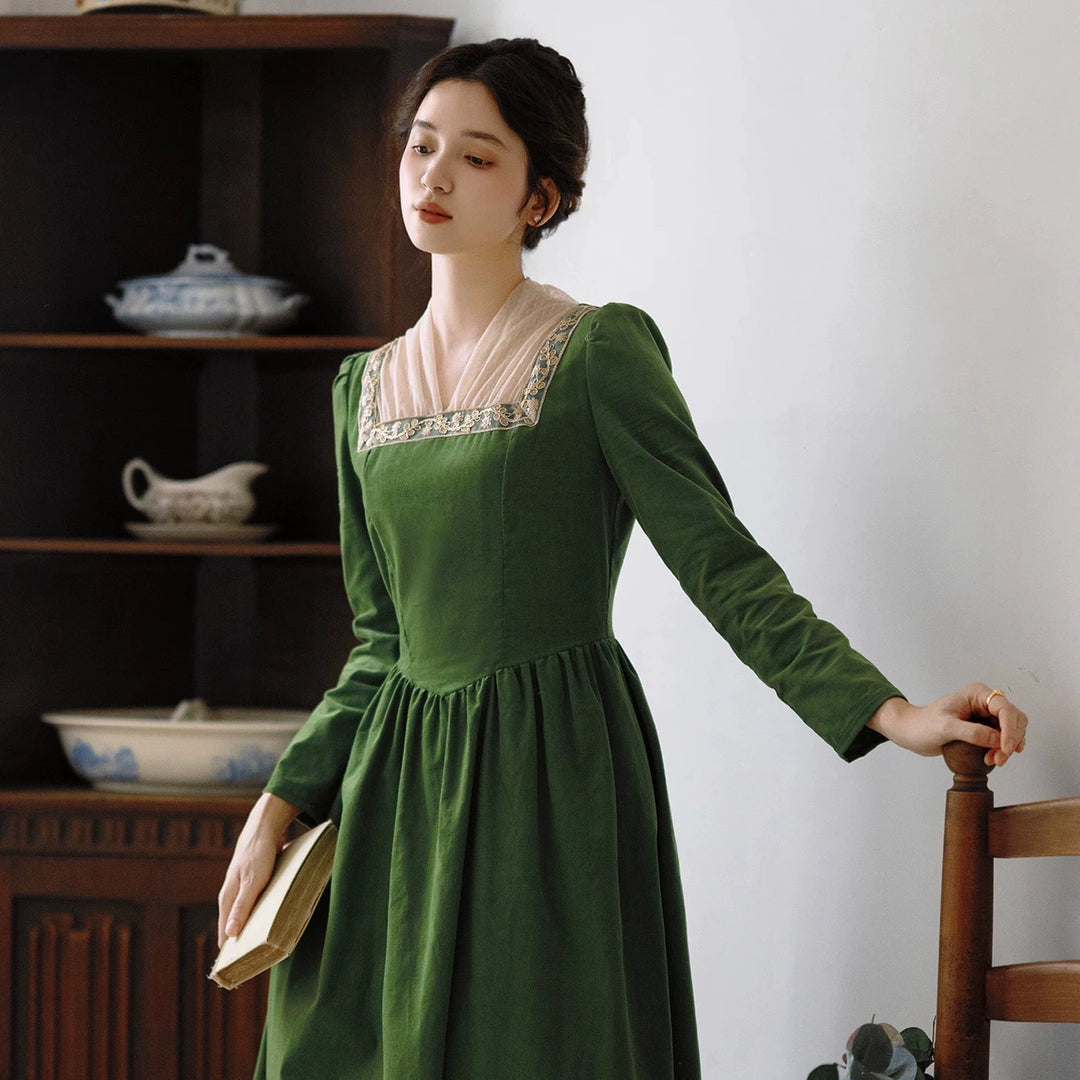 Retro Prom Dress Green Elegant Corduroy Court Dress 42200:731808