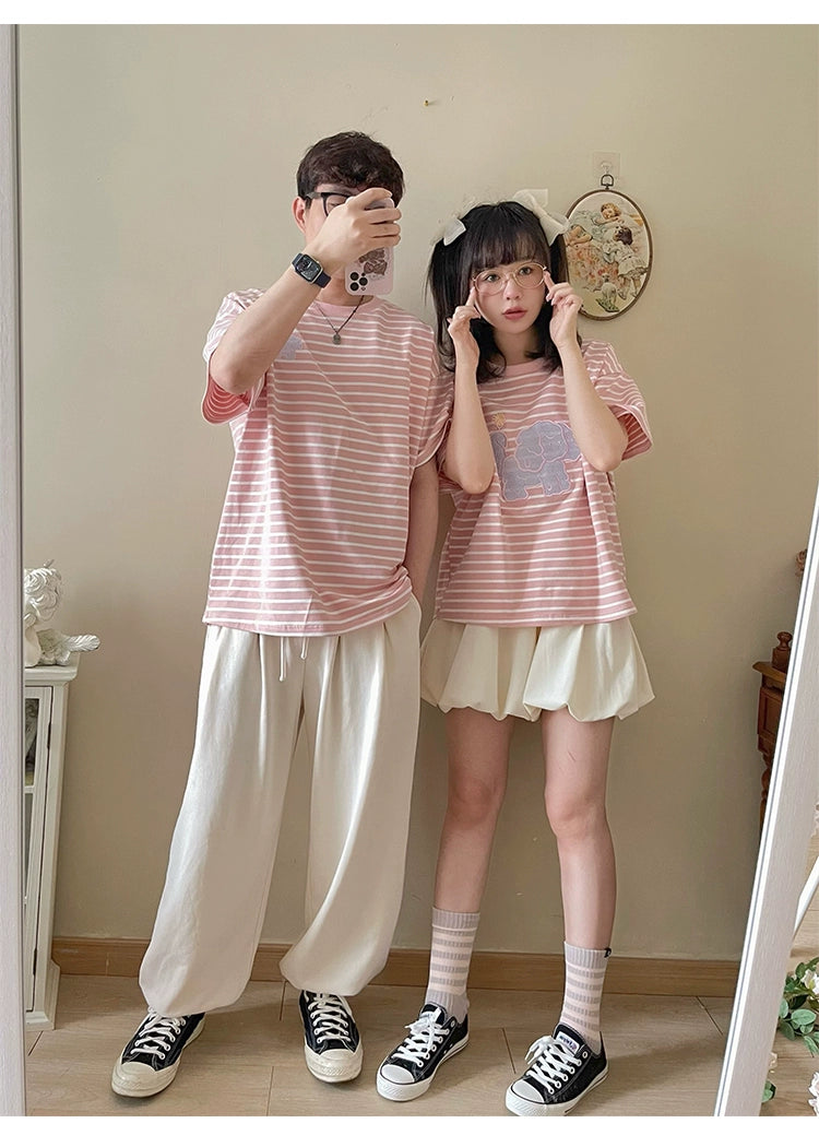 Kawaii Aesthetic Shirt Striped Short Sleeve Cotton Top 36562:518464