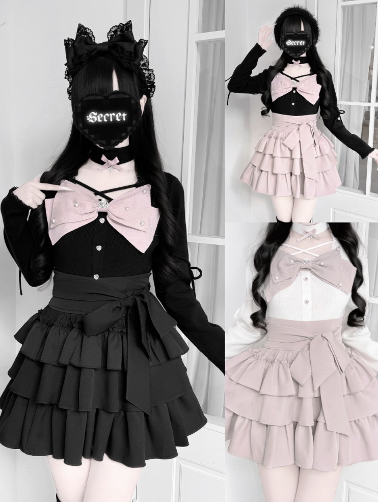 Jirai Kei Knit Top, Tiered Ruffle Skirt, Matching Choker 44685:821227