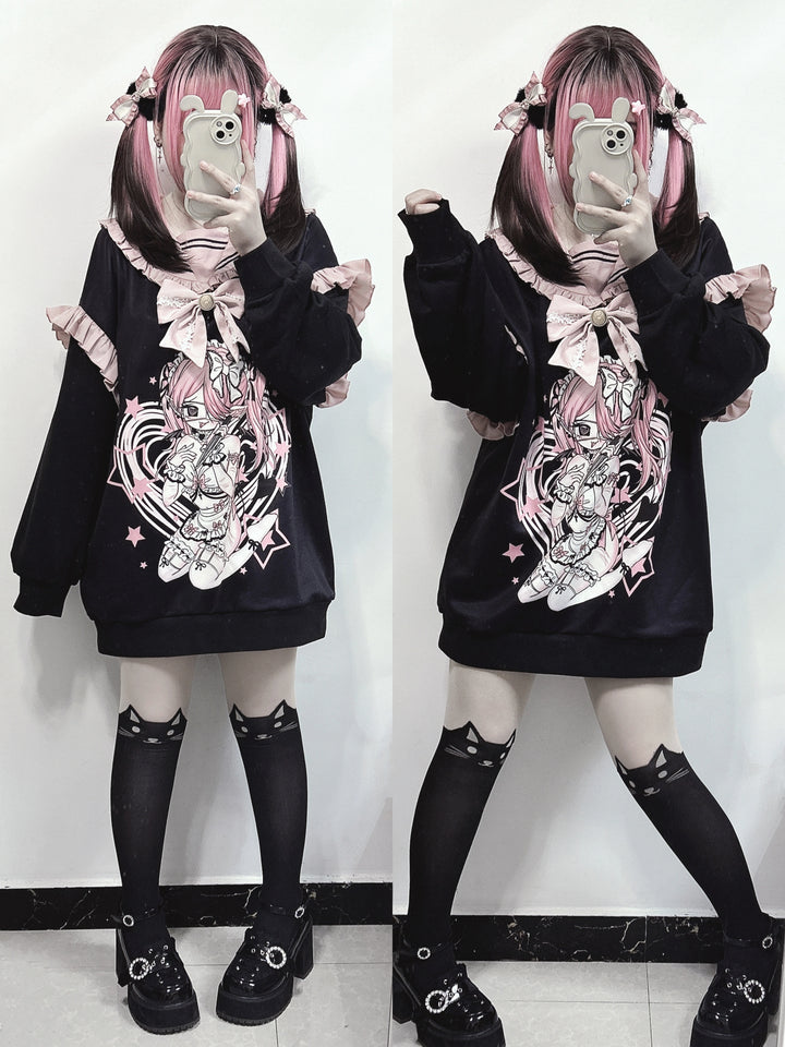 Jirai Kei Sweatshirt Sailor Collar Oversize Sweatshirt (L S) 35742:503422 (L S) 35742:503422