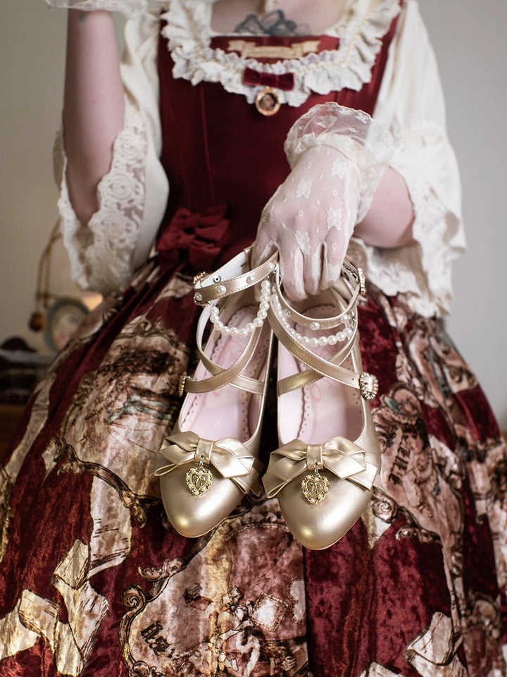 Classic Lolita Pointed Toe High Heels, Pearl-Like & Rhinestone 45841:864883
