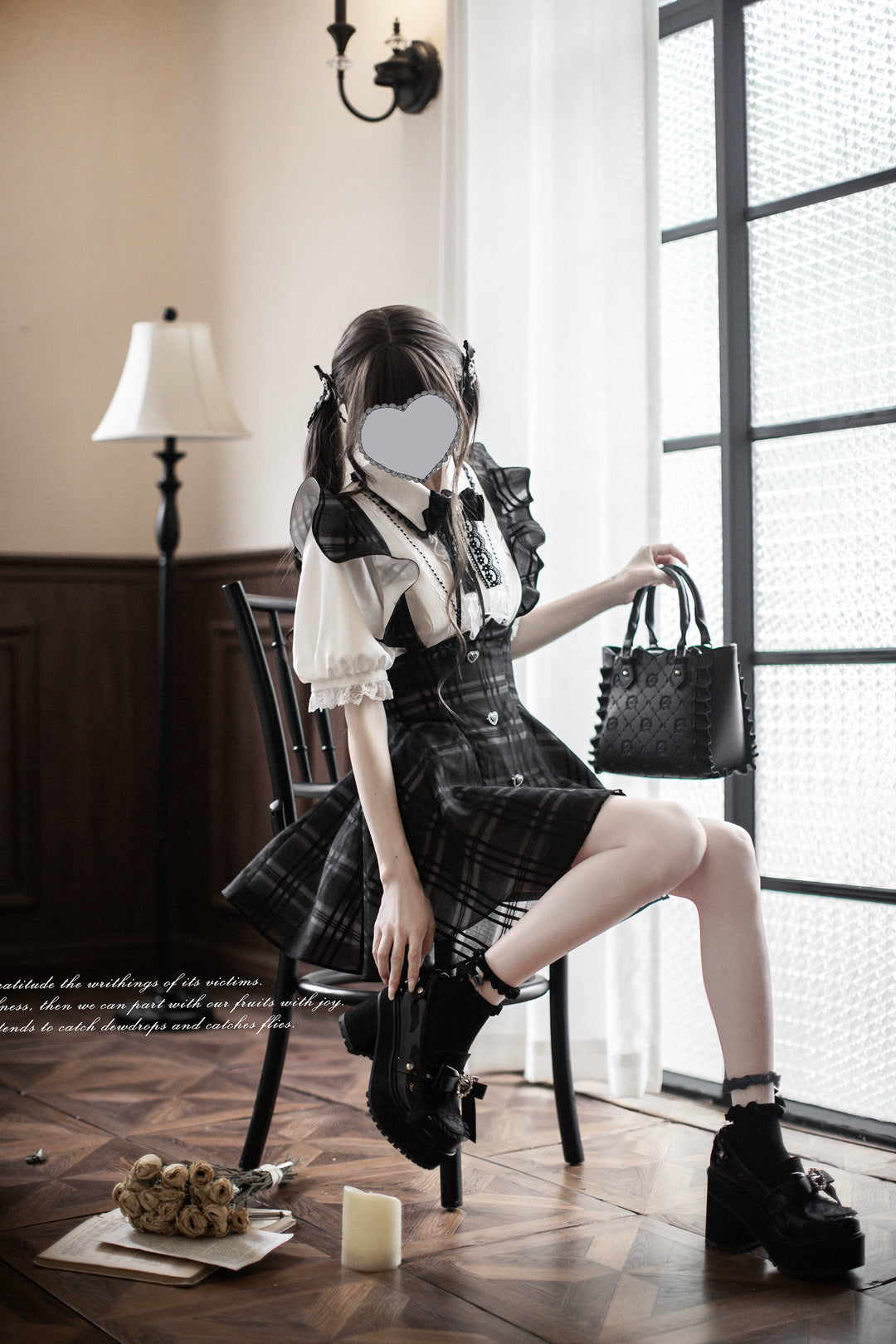 Black Jirai Kei Plaid Suspender Skirt Set with White Blouse 42918:760675