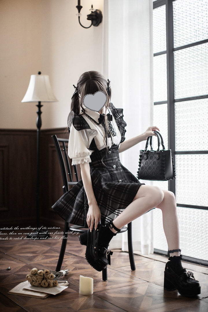 Black Jirai Kei Plaid Suspender Skirt Set with White Blouse 42918:760675