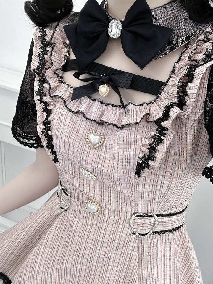 Jirai Kei Lace Sleeve Dress Set, Detachable Faux Collar 45261:842961