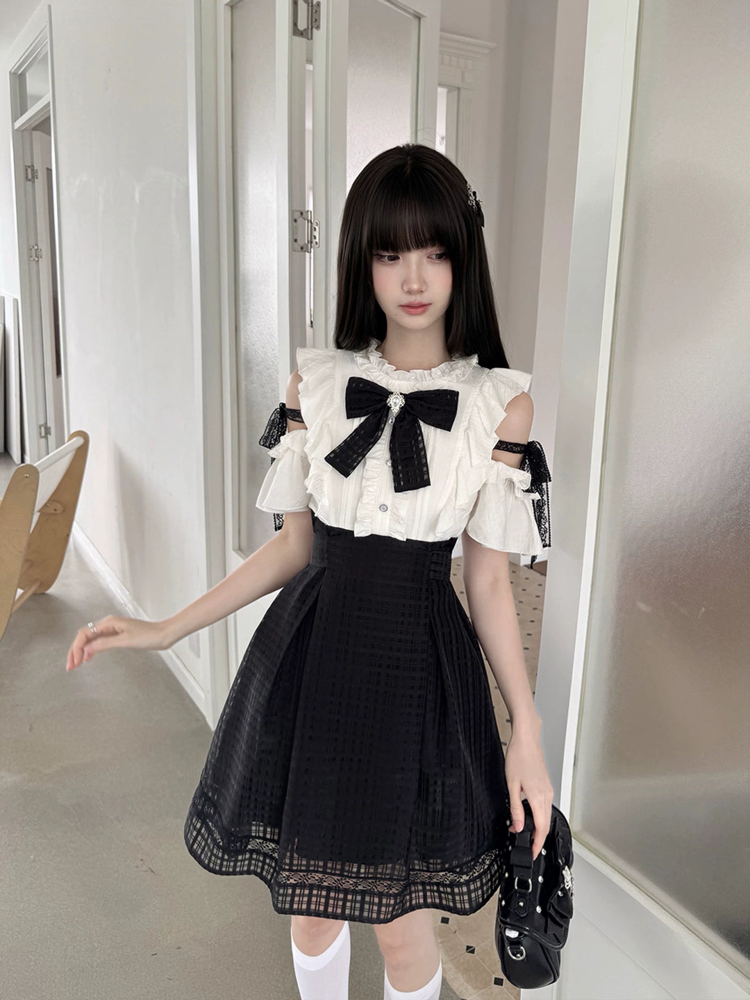 Seiso Kei Open Shoulder Dress, Black Lace Straps 45799:863046