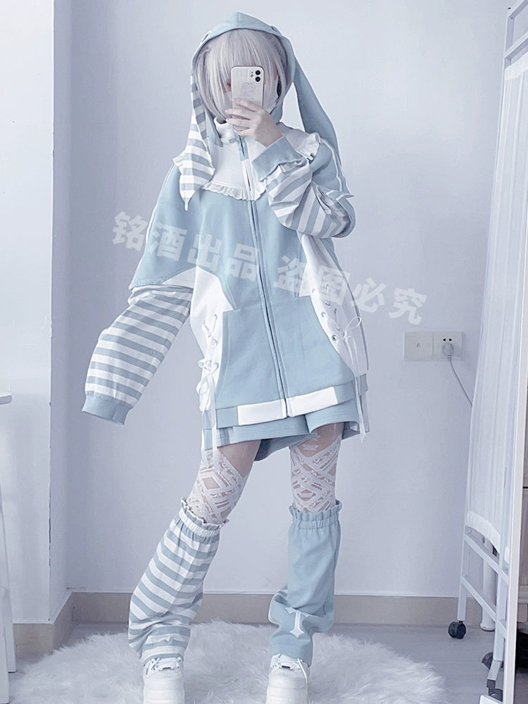 Jirai Kei Blue Hooded Coat With Long Bunny Ears 21834:313730 21834:313730