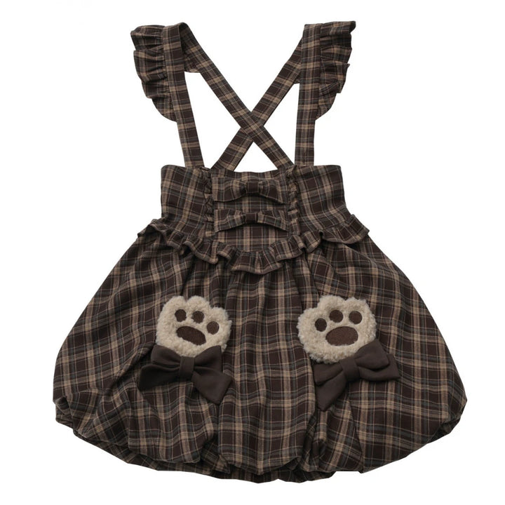 Winter Plaid Suspender Bubble Skirt, Bear Ear Plush Cape (L M S) 45991:872144