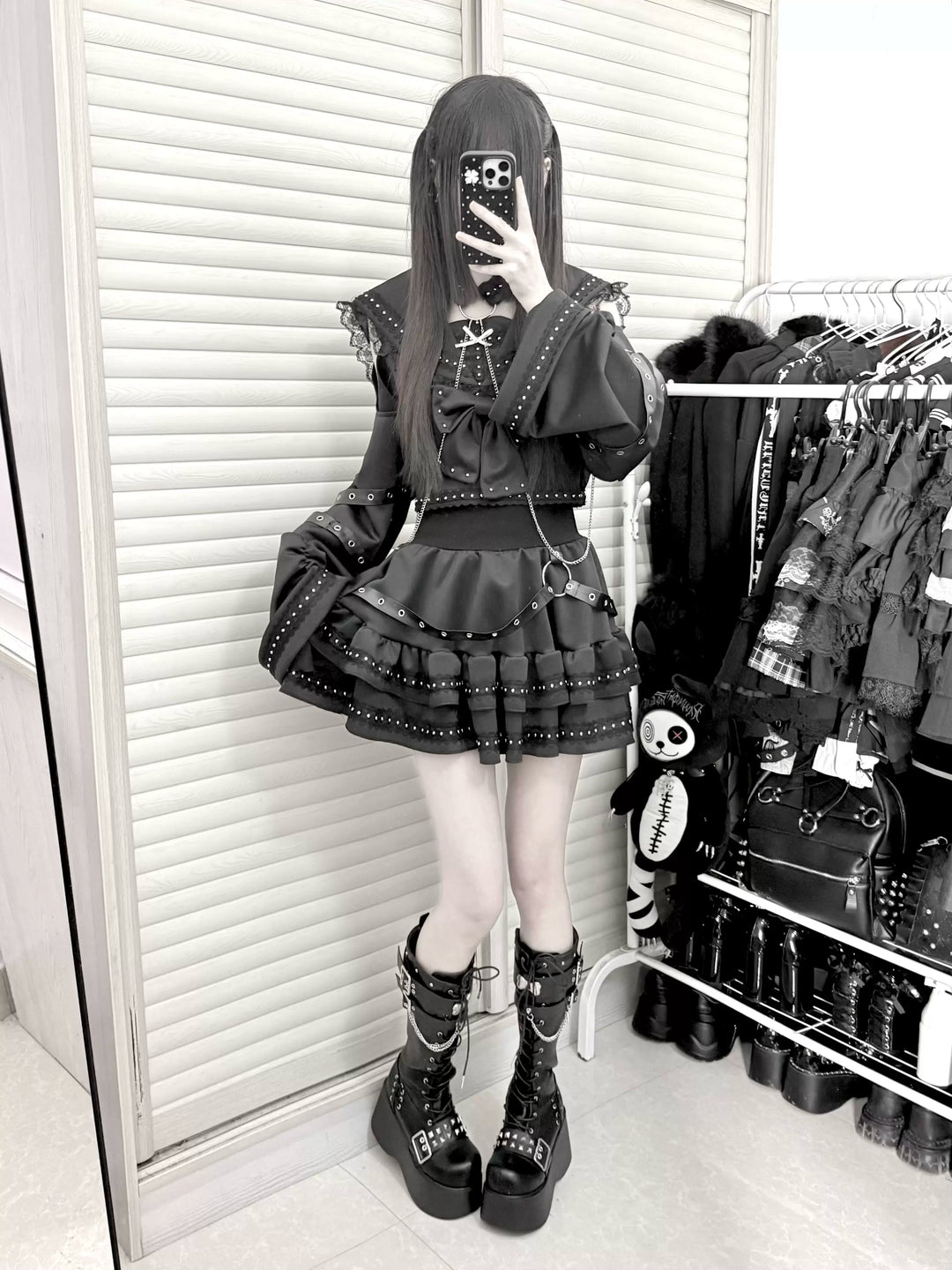 Subculture Black Top & Skirt Set, Snakeskin-Like Style 44771:827670