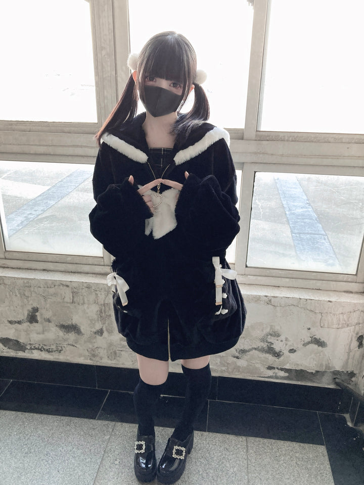 Black Jirai Kei Coat Ryousangata Imitation Rabbit Fur Coat 33304:446230 33304:446230