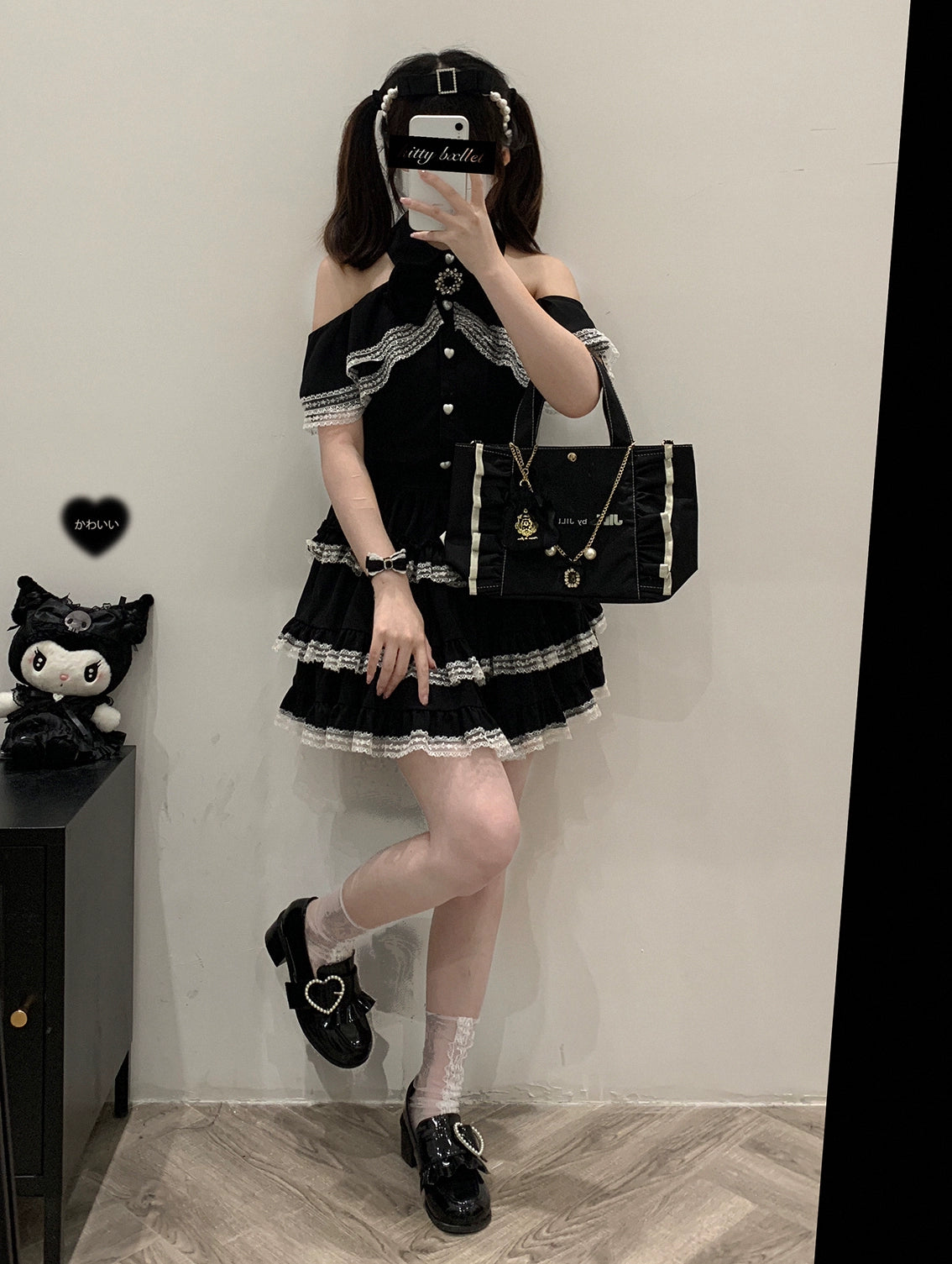 Jirai Kei Black And Pink Tiered Lace Skirt 21798:318528