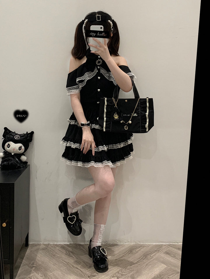 Jirai Kei Black And Pink Tiered Lace Skirt 21798:318528 21798:318528