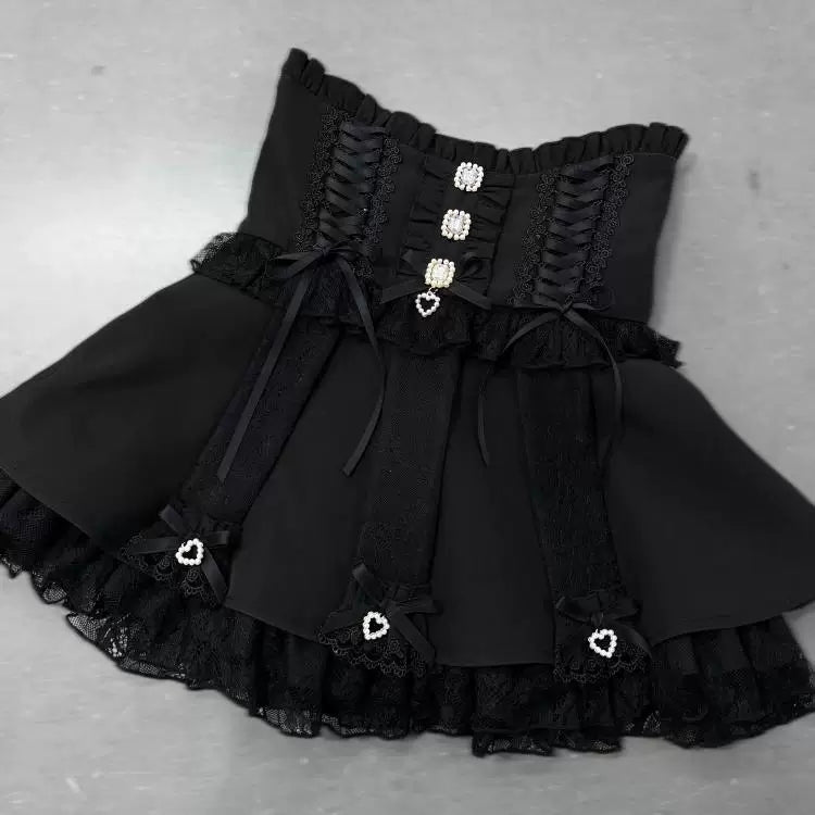 Jirai Kei High Waist Skirt, Lace Ruffle & Rhinestone (L M S XL) 45843:865675