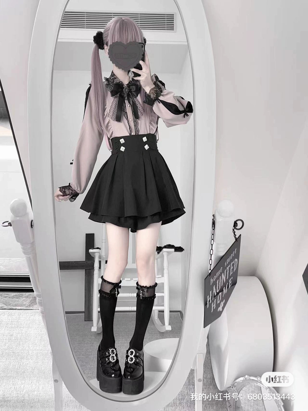 Jirai Kei Lace Blouse Outfit, High-Waist Skirt 43813:789589