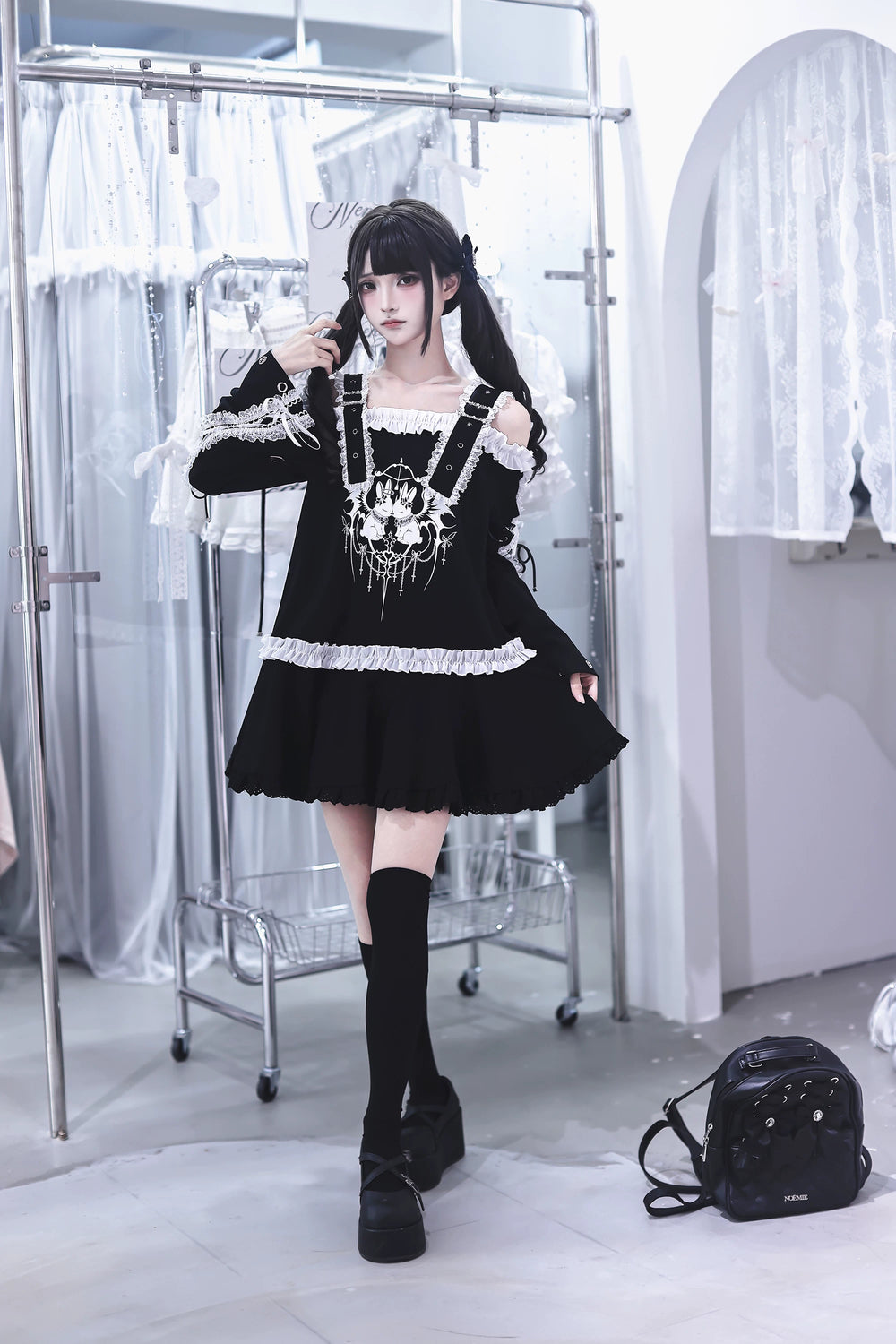 Punk Bunny Print T-shirt Dress, Adjustable Shoulder Straps 45836:865235