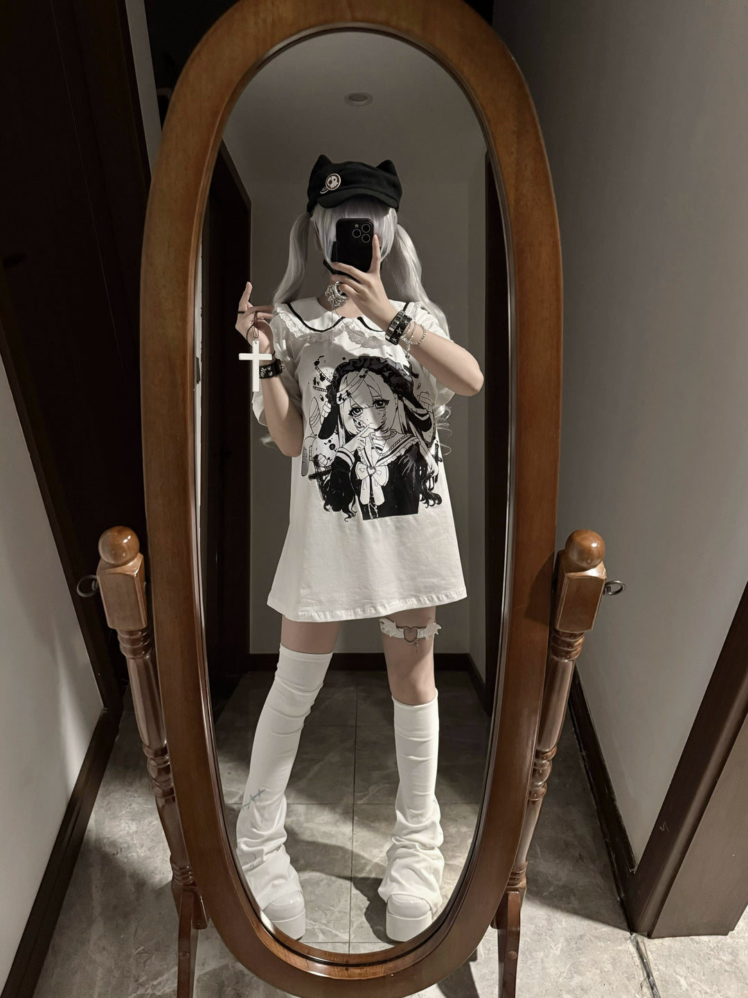 Cotton Subcul Jirai Kei T-Shirt, Dark Cute Girl Print (White / L M) 43568:779993
