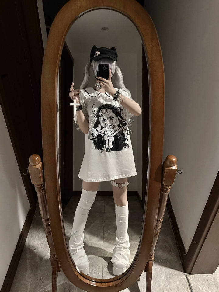 Cotton Subcul Jirai Kei T-Shirt, Dark Cute Girl Print (White / L M) 43568:779993