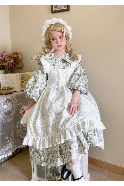 Mori Kei Dress Bubble Sleeve Vintage Green Floral Dress 36552:531250