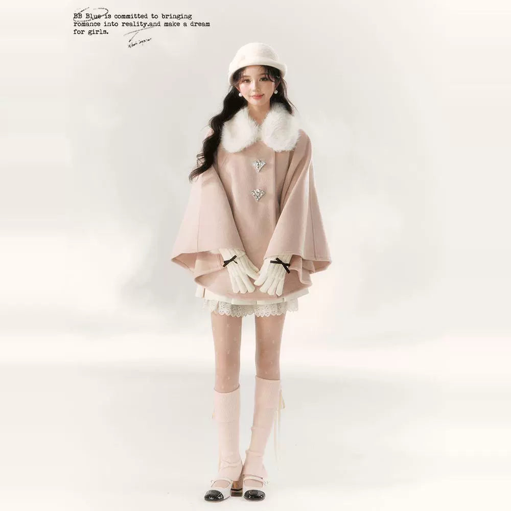 Jirai Kei Cape Woolen Coat Winter Fur Collar Coat 41062:685464