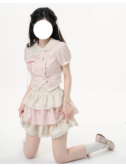 Kawaii Pink Outfit Set Sweet Tiered Skirt Set 37546:576804