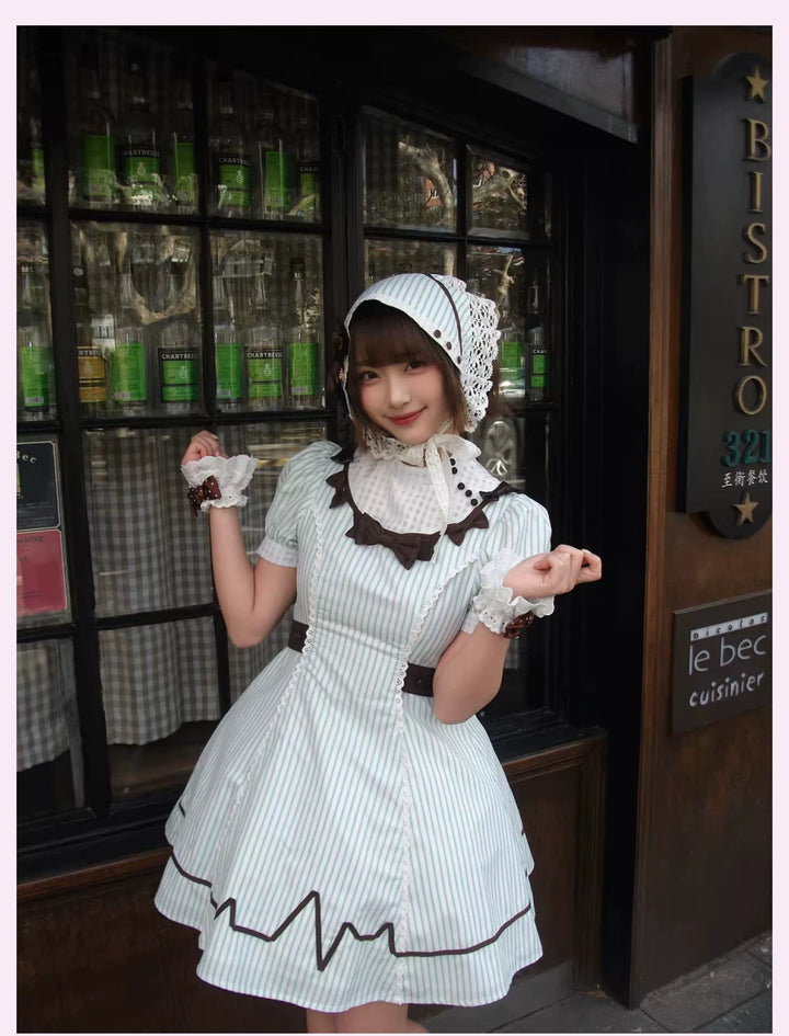 Old School Lolita Striped Dress, Cross Apron 45136:836790