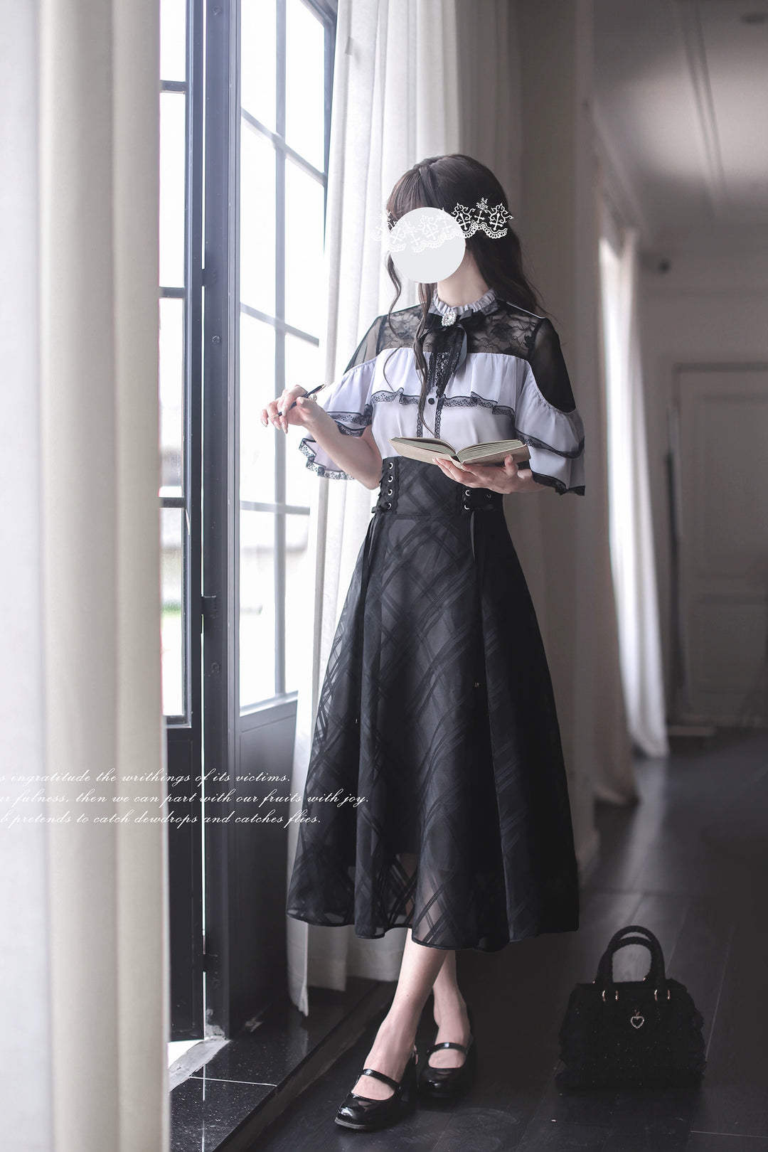 Black Long Jirai Kei Skirt With Elegant Purple Cape Blouse 43111:766080