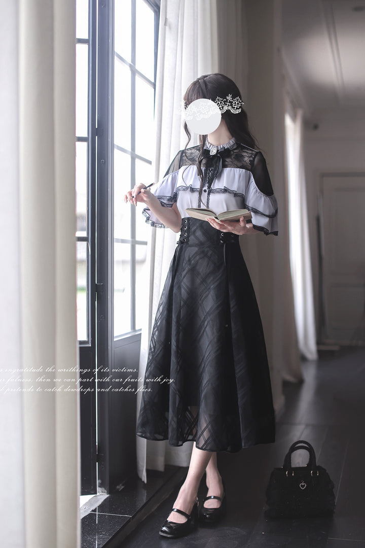 Black Long Jirai Kei Skirt With Elegant Purple Cape Blouse 43111:766080