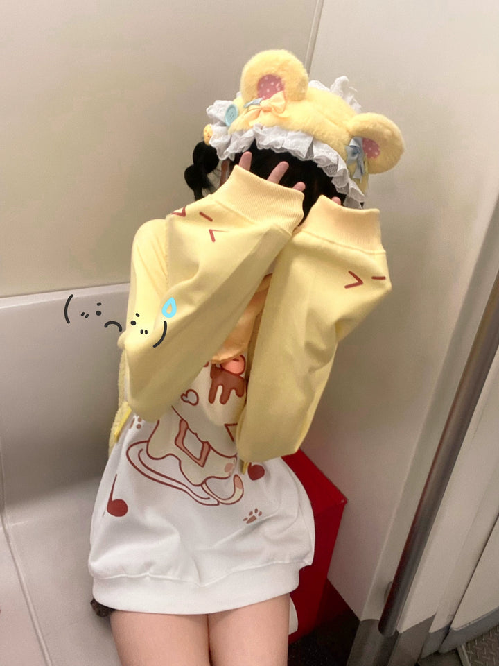 Kawaii Creamy Yellow Raglan Sleeve Long T-shirt Hoodie 22668:338352 (L M S) 22668:338352