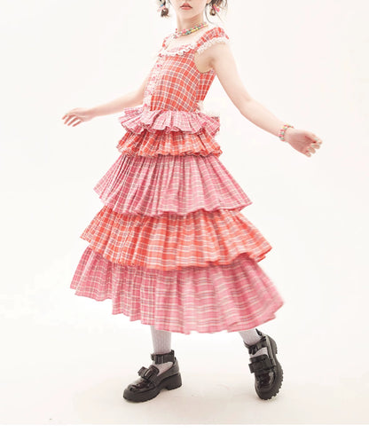 Sweet Lolita Dress Pink Plaid Dress Kawaii Layered Dress 36166:543358