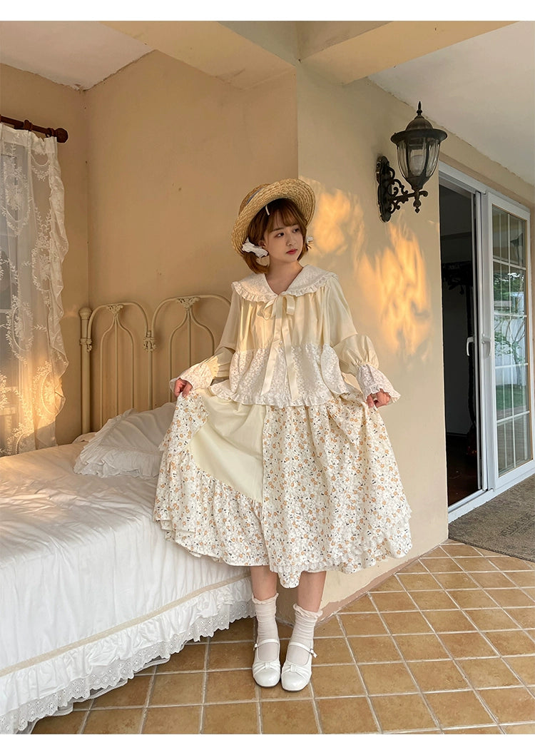 Mori Kei Skirt Patchwork Floral Skirt High Waist Cotton Skirt 36558:531052