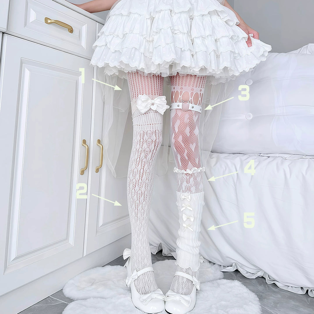 Asymmetrical Layering Pantyhose Sock Set, Bows and Lace 45358:850856