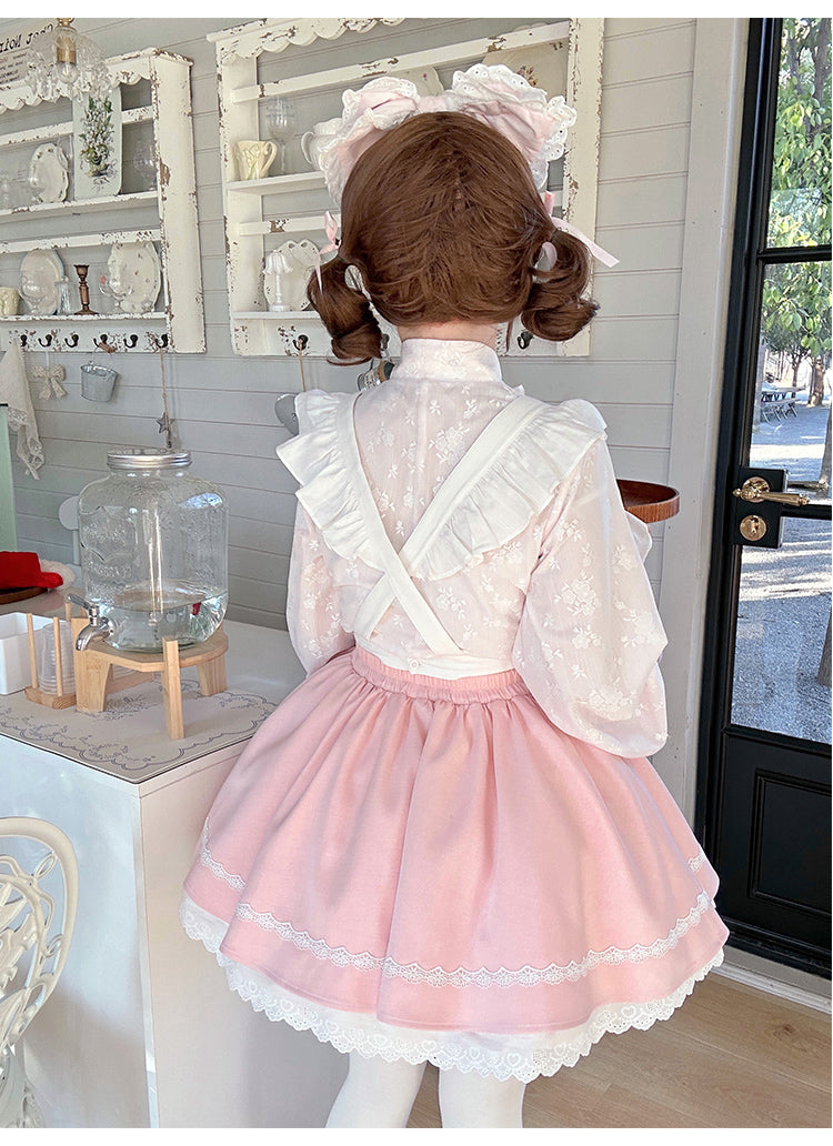 Kawaii Outfit White Maid Blouse And Pink Skirt With Apron 42283:735217