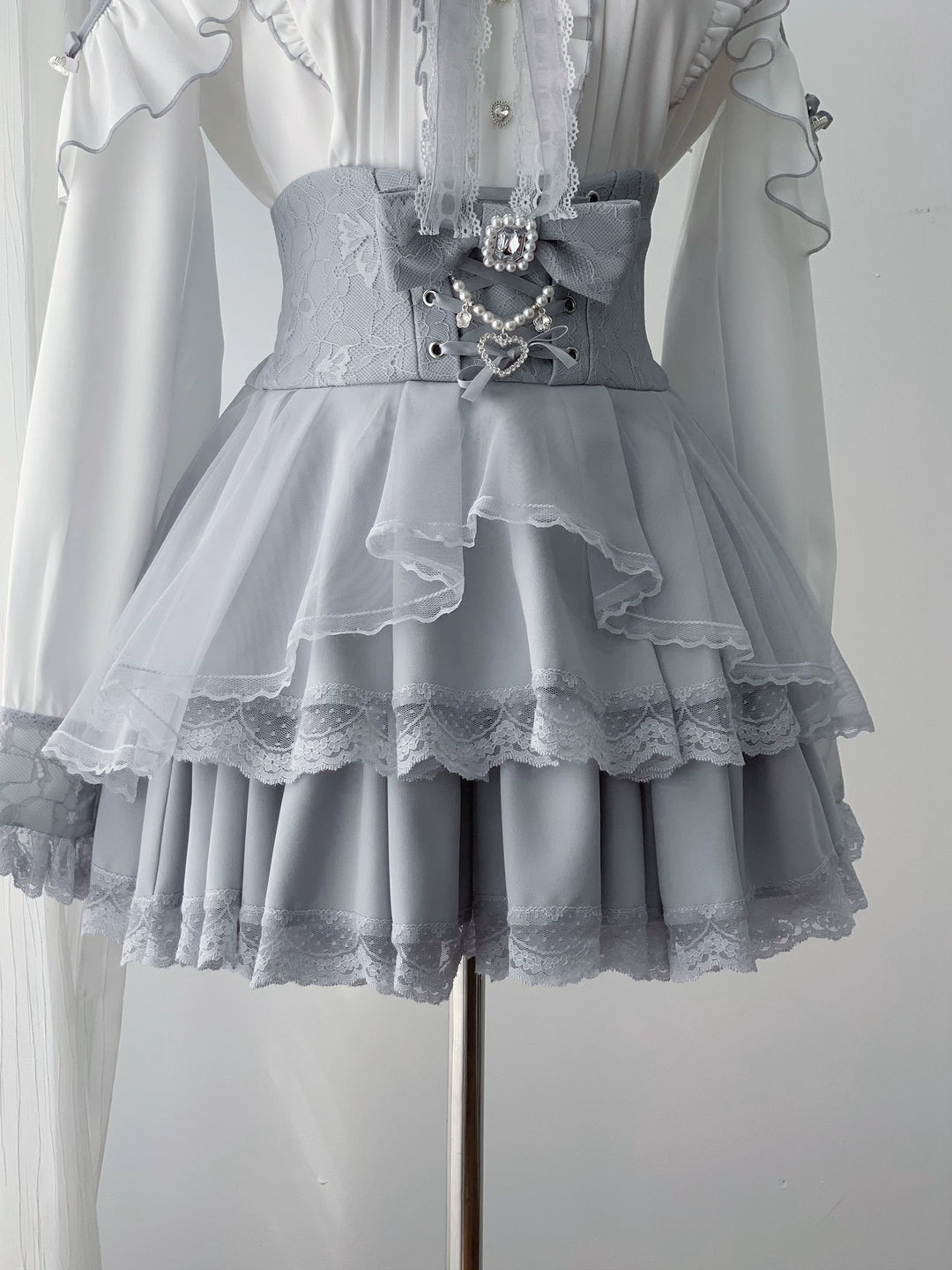 Ryousangata Long-Sleeved Blouse & Skirt Set, Lace & Rhinestone (L M S) 46073:874685