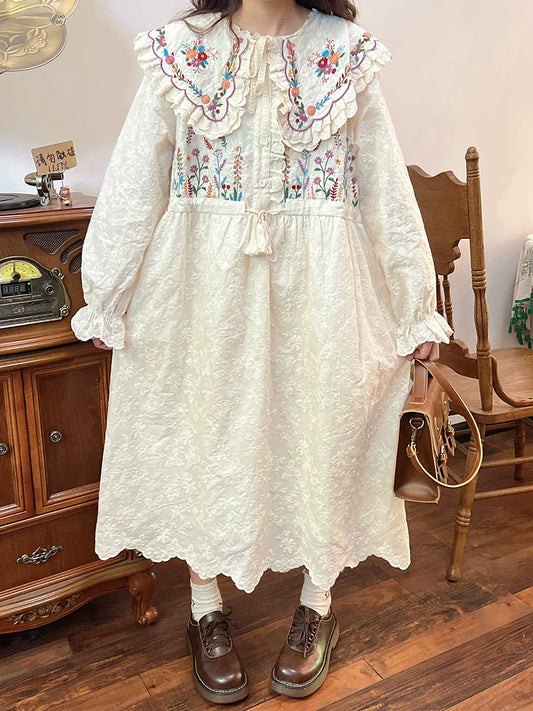 Cottagecore Dress Mori Kei Dress Embroidered Lace Dress 36214:524286
