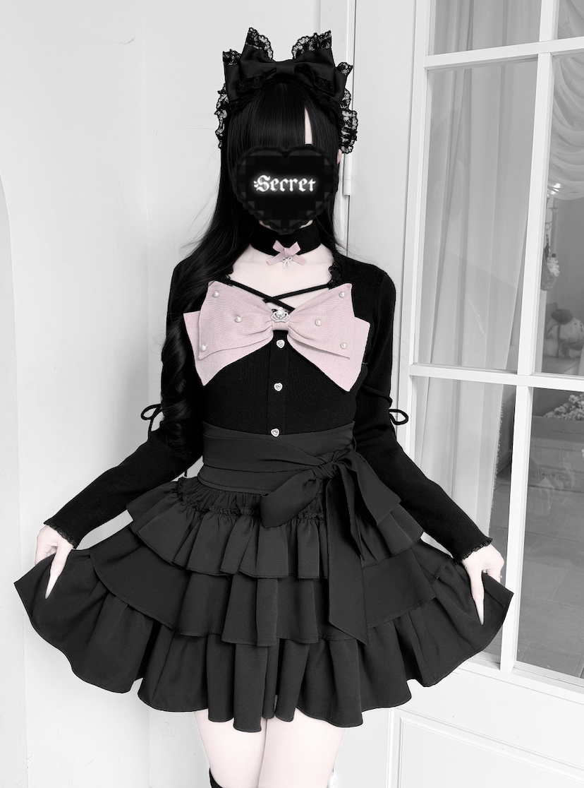 Jirai Kei Knit Top, Tiered Ruffle Skirt, Matching Choker 44685:821217