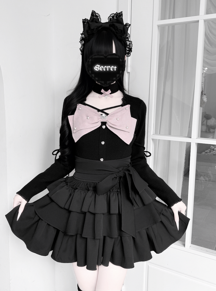 Jirai Kei Knit Top, Tiered Ruffle Skirt, Matching Choker 44685:821217