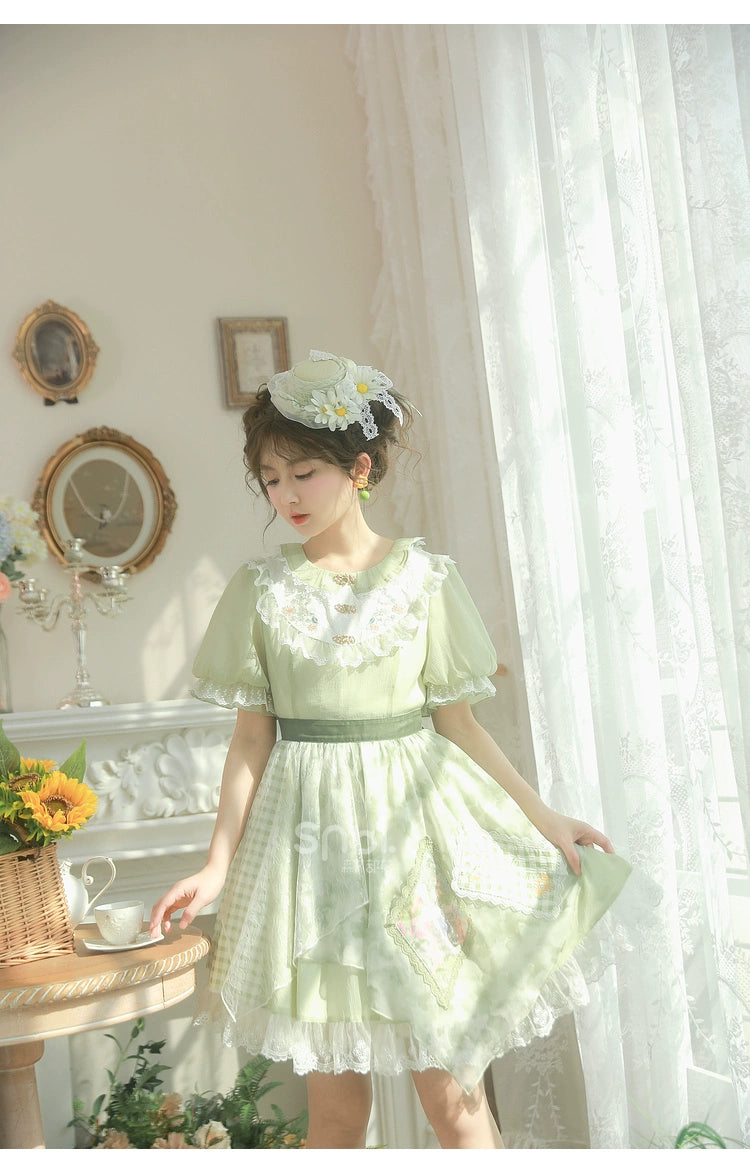 Cottagecore Dress Green Patchwork Lace Lolita Dress 35906:568340