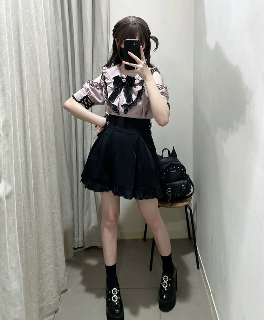Jirai Kei Pink Black Set Up Open Shoulder Blouse Skirt Set 32018:395166