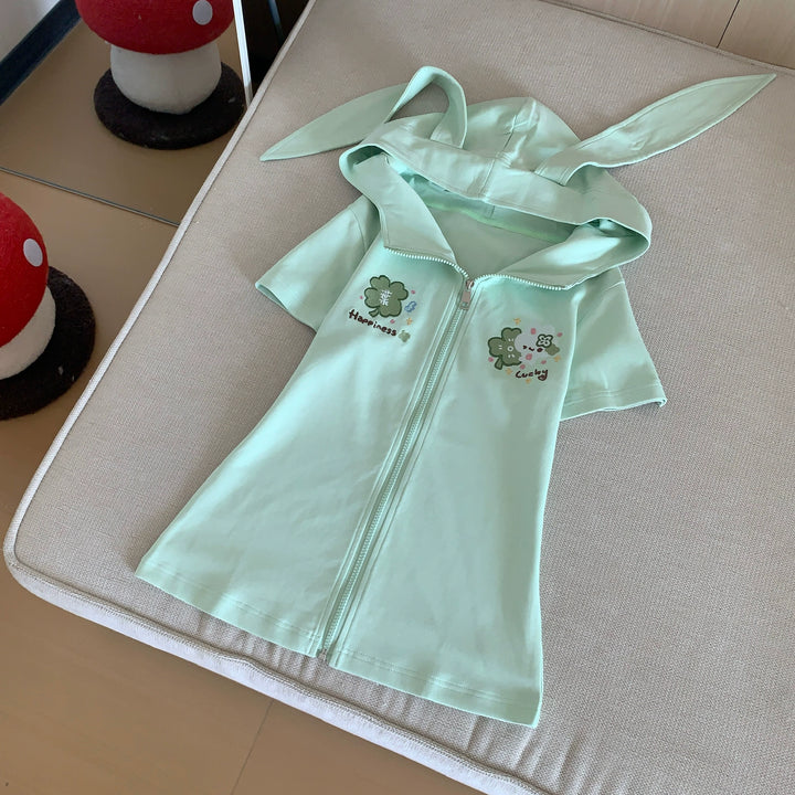 Bunny Eared Kawaii Outfit, Zip-Up Sweatshirt + Lace Skirt (L M S) 43558:779754