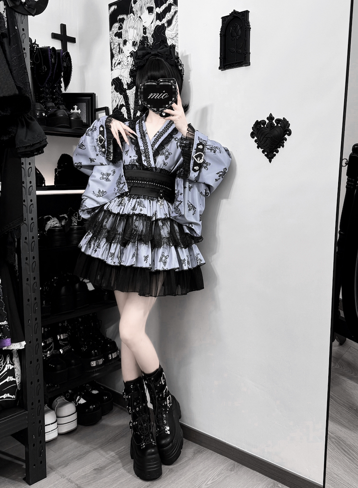 Gothic Blouse and Skirt Yukata Set, Wing Print 45129:835613