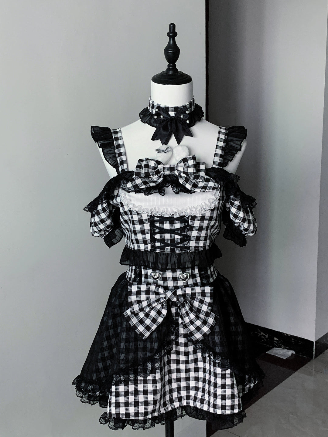 Plaid Stage Jirai Kei Outfit, Furry Bunny Ear Blouse, Skirt (L M S XL) 43614:780938