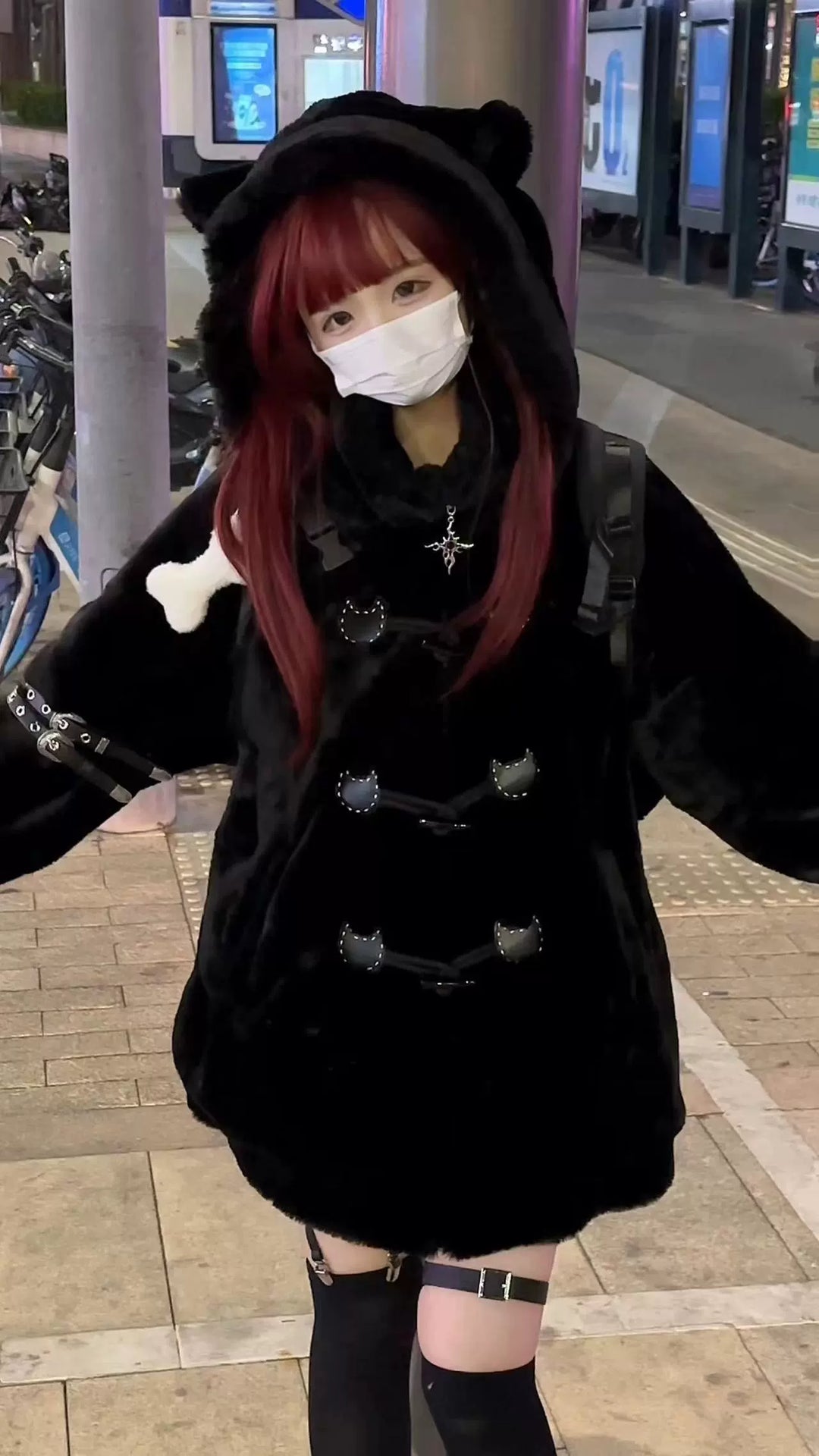 Plus Size Jirai Kei Coat Black White Winter Coat Cat Ear Hooded Plus Size Jirai Kei Coat Black White Winter Coat Cat Ear Hooded