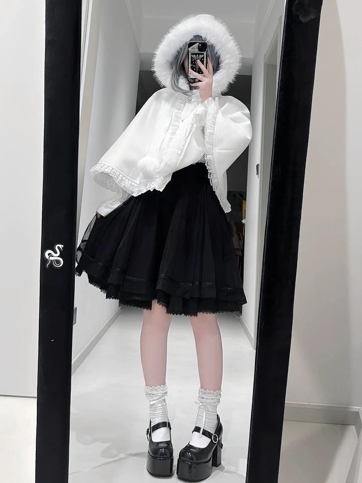 Jirai Kei Winter Cape, Lace Blouse, High-Waist Skirt 44199:808458